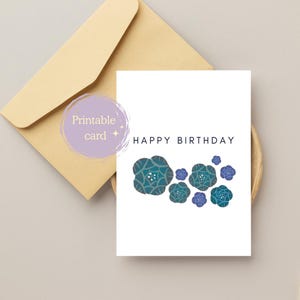 Blue Floral Birthday Card, Digital download, 5x7 & A6, Printable