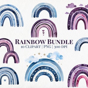 Pode incluir: Pacote de clipart de arco-íris em aquarela em tons de azul, roxo e rosa. A imagem inclui dez designs de arco-íris exclusivos com estrelas, pontos e detalhes de nuvens. O texto diz "RAINBOW BUNDLE 10 CLIPART | PNG | 300 DPI."