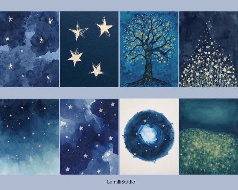 Watercolor Starry Night Printable Pages, Celestial Junk Journal Papers ...