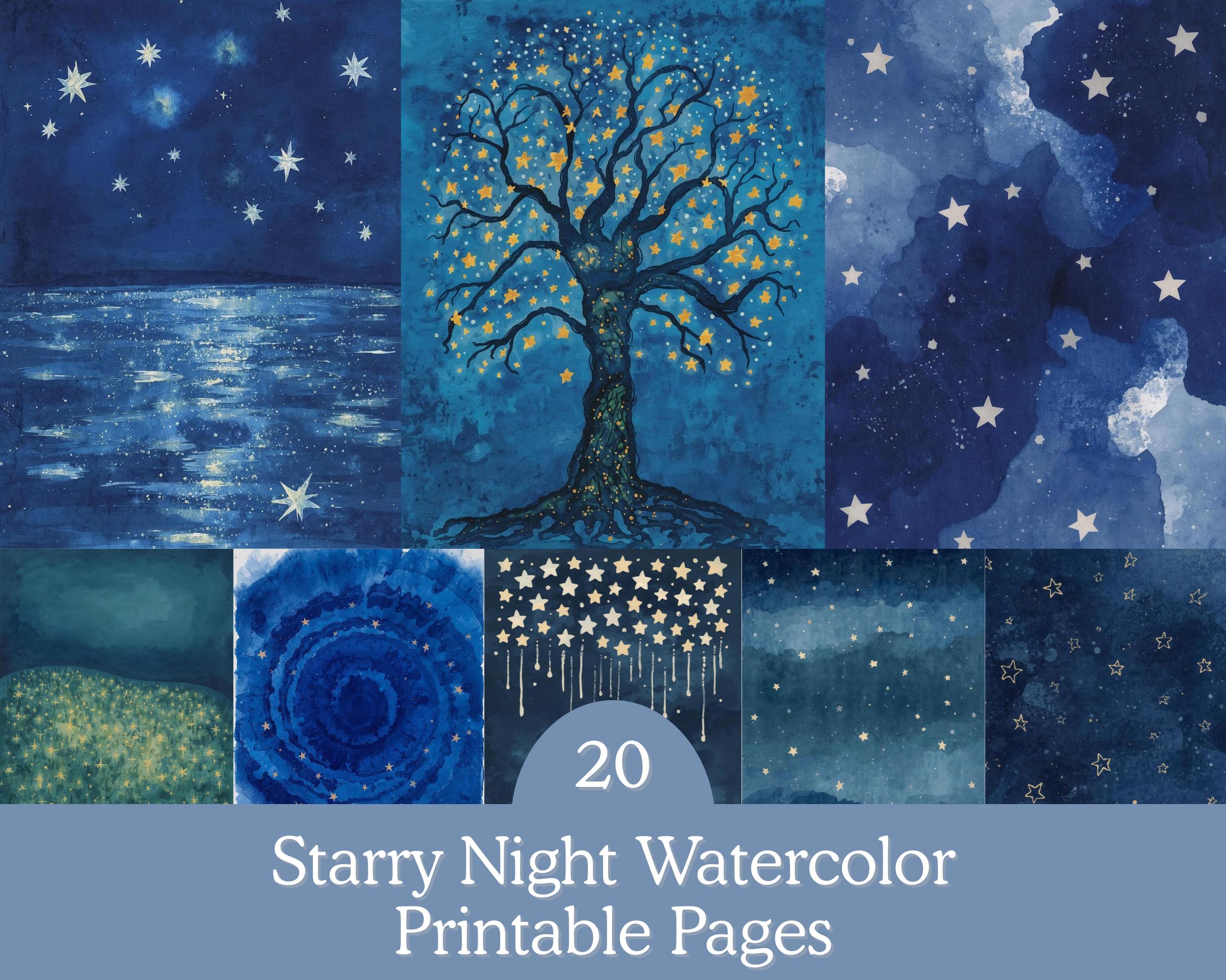 Watercolor Starry Night Printable Pages, Celestial Junk Journal Papers ...