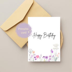 Lilac Floral Printable Birthday Card, Digital Download,  5x7 ang A6