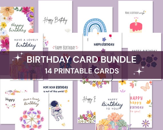 Printable Birthday Card Bundle | Mixed Styles Set of 14 | 5x7" PDF