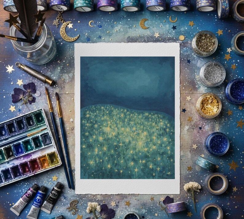 Watercolor Starry Night Printable Pages, Celestial Junk Journal Papers ...