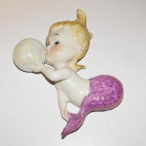 Vintage Norcrest 1950s 1960s Old Ceramic Baby Mermaid Bubble Wall Plaque Retro 50s 60s Fish Bathroom Bath Antique Decor Lefton Mermaids