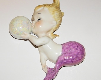 Vintage Norcrest 1950s 1960s Old Ceramic Baby Mermaid Bubble Wall Plaque Retro 50s 60s Fish Bathroom Bath Antique Decor Lefton Mermaids