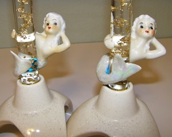 Vintage 1950s 1960s Old Ceramic Mermaid Candle Huggers Retro 50s 60s Bathroom Bath Antique Decor Mermaids Lefton Norcrest