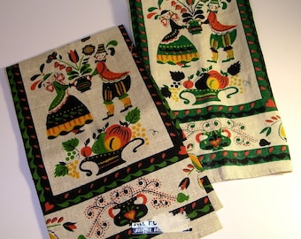 Parisian Prints Mid Century Pennsylvania Dutch Folk Art Tea Towels 1950s 1960s Modern Atomic KITCHEN Kitsch Linen Retro Decor Kitschy Towel