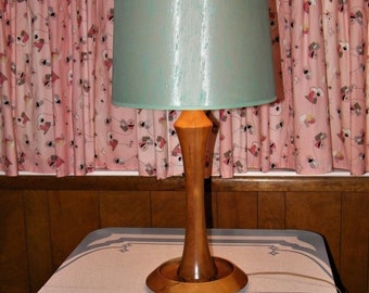 Vintage Mid Century Retro Atomic Modern 1960s Wood Table Lamp Aqua Silk Shade Light Kitschy 60s Mad Men Kitsch 1950s 50s Lights Lamps