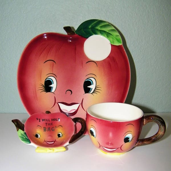 Vintage 50s 60s PY Miyao Anthropomorphic Apple Head Snack Plate Tea Cup Mug Tea Bag Holder Japan 1950s 1960s Retro Kitchen Kitsch Decor