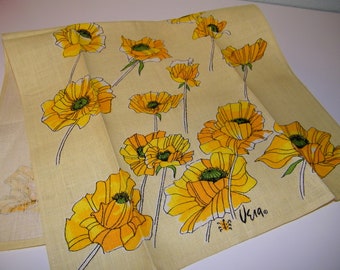 Vintage Vera Neumann Yellow Orange Golden Poppy Tea Towel Mid Century Linen Kitchen Textile 1960s Atomic Retro Home Decor 60s 70s 1970s