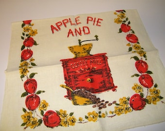Vintage Apple Pie & Coffee 60s 70s Pop Art Graphic Mid Century Linen Kitchen Decor Tea Towel 1960s 1970s Textile Mill Grinder Linens Apples