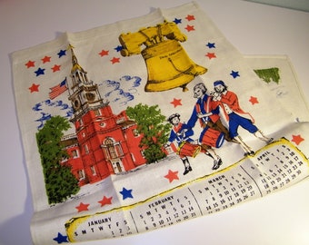 Vintage 70s Old Antique Bicentennial USA Calendar Wall Hanging Graphic Linen Retro Kitchen Tea Towel Decor 1970s Textile 1976 Decoration