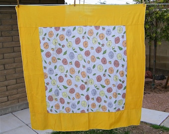Vintage 40s 50s Mid Century Modern Yellow Flower Floral Rose Tablecloth Kitchen Decor Decoration Green 1940s 1950s Fabric Material Cottage