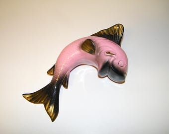 Vintage Ceramic Retro 1950s 1960s Pink Gold Fish Wall Plaque Pocket 50s 60s Mermaid Bathroom Bath Decor Antique Norcrest Lefton