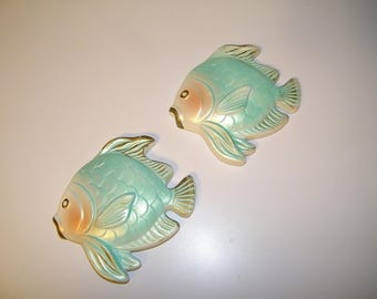 Vintage Chalkware Aqua Blue Set 2 Fish Retro 1950s 1960s Miller Studio Wall Plaque 50s 60s Mermaid Bathroom Bath Decor Chalk Ware Norcrest