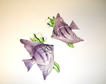 Vintage Old Ceramic Retro 1950s 1960s Lefton Wall Plaque Kissing MR and MRS  Fish 50s 60s Mermaid Bathroom Bath Decor Antique Pink Purple