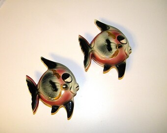 Vintage Ceramic Retro 1950s 1960s Fish Wall Pocket Plaque 50s 60s Mermaid Bathroom Bath Decor Pink Black Gold Norcrest Lefton Mermaids