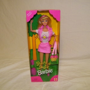 Vintage NRFB Mint NOS Special Edition Share A Smile Barbie Doll Barbies 90s 1990s 80s 1980s Collectible Toy Dolls Toys R Us Smiley Face