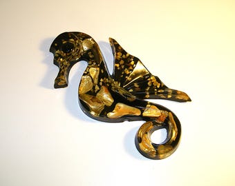 Vintage Black Lucite Retro 1950s Wall Plaque Seahorse Sea Horse 60s 70s Mermaid Bathroom Bath Decor Mother of Pearl Shell Seahorses Plaques