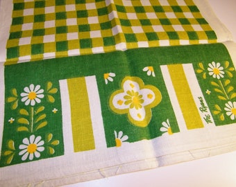 Daisy 60s 70s Pop Art Flower Floral Graphic Gingham Avocado Green Mid Century Linen Kitchen Tea Towel 1960s 1970s Textile Fallani Cohn Retro