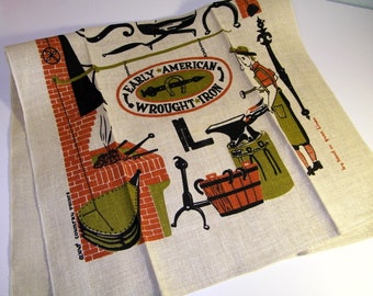 Vintage Early American Wrought Iron Blacksmith Mid Century Folk Art Linen Tea Towel 1950s 1960s KITCHEN Country Hand Prints Robert Darr Wert