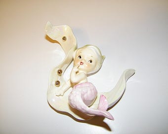 Vintage RARE Pink Seaweed Coral Norcrest 1950s 1960s Ceramic Mermaid Wall Plaque Retro 50s Bathroom Bath Antique Decor Mermaids Fish Blue