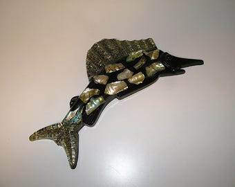 Vintage Black Lucite Retro 1950s 1960s Wall Plaque Fish Swordfish Marlin 50s 60s Mermaid Bathroom Bath Decor Mother of Pearl Shell Seahorse