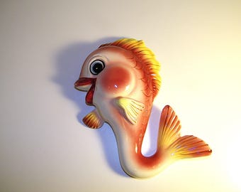 Vintage Pink Lefton 1950s Old Pottery Ceramic Fish Wall Plaque Retro 50s 60s Mermaid Bathroom Bath Decor Mermaids Norcrest  Anthropomorphic