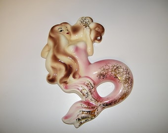 Vintage RARE Pink DeForest Large 1950s 1960s Ceramic Mermaid Wall Plaque Retro 50s 60s Bathroom Bath Decor Decoration Mermaids De Forest