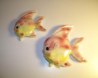 Flaw Vintage Old Ceramic Retro 1950s Norcrest Japan Wall Plaque Pink Fish 50s 60s Mermaid Bathroom Bath Decor Blue Lefton Anthropomorphic