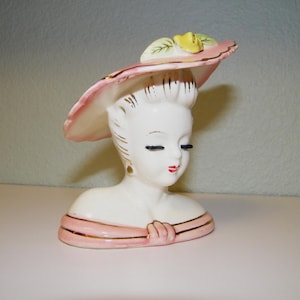 Pink Glamour Girl Lady Head Vase 50s 60s Figurine Mid Mod Decor Planter 1950s 1960s Home House Decoration Kitsch Headvase Hollywood Regency