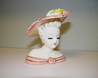 Pink Glamour Girl Lady Head Vase 50s 60s Figurine Mid Mod Decor Planter 1950s 1960s Home House Decoration Kitsch Headvase Hollywood Regency