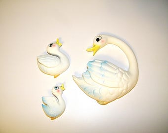 Vintage Enesco Old Ceramic Retro 1950s 1960s Swan Duck Wall Plaque Set 50s 60s Mermaid Fish Bathroom Bath Decor Antique Lefton Norcrest