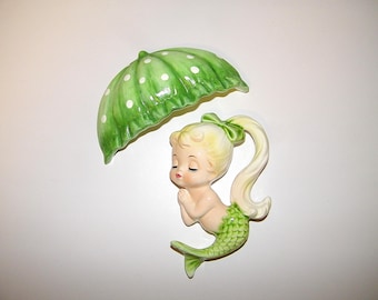 Vintage FLAW Kelvin 1950s 1960s Old Ceramic Baby Umbrella Mermaid Wall Plaque Retro 50s 60s Bathroom Antique Decor Lefton Norcrest Kelvins