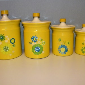 1960年代 米国 KROMEX社ミッドセンチュリー イエローキャニスターセット Kromex Mid Century Vintage Modern 60s 70s Yellow Kitchen Canisters