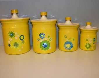 Kromex Mid Century Vintage Modern 60s 70s Yellow Kitchen Canisters Canister Set 1960s 1970s Flower Power Decor Decoration Harvest Gold Daisy