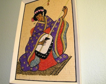 Vintage Gravel Art 50s 60s Portrait Geisha Girl Dress Formal Attire in a Japanese Garden Pagoda Asian Chinese 1950s 1960s Pebble Purple