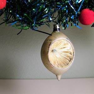 1950s Mid Century Blue Gold Indent Reflector Glass Christmas Bulb Ornament 50s Antique Mercury Glass Bulbs Ornaments Shiny Brite Teardrop