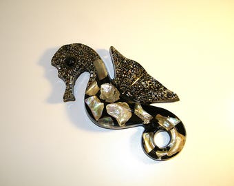 Vintage Black Lucite Retro 1950s Wall Plaque Seahorse Sea Horse 60s 70s Mermaid Bathroom Bath Decor Mother of Pearl Shell Seahorses Plaques
