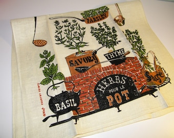 Vintage Herbs Linen Tea Towel Early American Colonial Mid Century Folk Art 1950s 1960s KITCHEN Country Hand Prints Robert Darr Wert Textiles