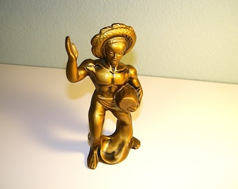 VINTAGE Mid Century 50s 60s Wales Gold Dancer Figurine Mid Mod Decor Male Drum Bongo Lefton Asian Statue 1950s 1960s Retro Decoration Kitsch