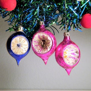 Vintage Mercury Poland Christmas Ornaments~Blue Silver Purple Red ~ Round and Atomic Star Indent Reflector~Winter Wedding Decor~Hand Painted