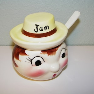 Vintage 1950s 1960s Jam Jelly Jar Antique Old 50s 60s Mid Century Kitchen Decoration Decor Japan Retro Kitsch Anthropomorphic Napco DeForest