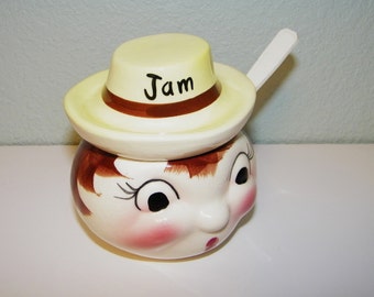 Vintage 1950s 1960s Jam Jelly Jar Antique Old 50s 60s Mid Century Kitchen Decoration Decor Japan Retro Kitsch Anthropomorphic Napco DeForest