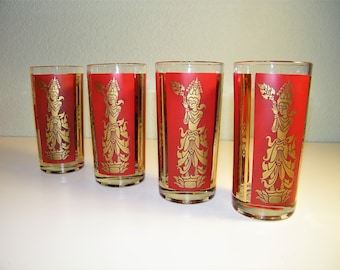 Red Gold Mid Century Culver Thai Goddess Dancer Glass 1960s 1970s High Ball Barware Drinking Glasses Siamese Burmese Asian Chinese Hindu