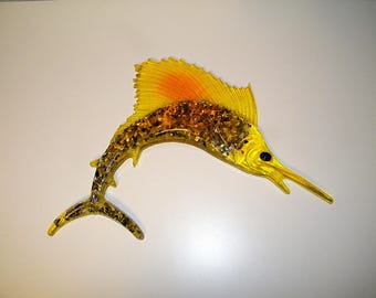 Vintage Yellow Lucite Retro 1950s 1960s Wall Plaque Fish Swordfish Marlin 50s 60s Mermaid Bathroom Bath Decor Mother of Pearl Shell Seahorse