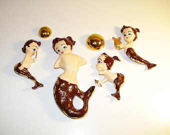 Vintage 1950s 1960s Old Ceramic Mermaid Wall Plaques Retro 50s Plaque Bathroom Bath Antique Pin Up Decor Mermaids Fish Lefton Norcrest Joty