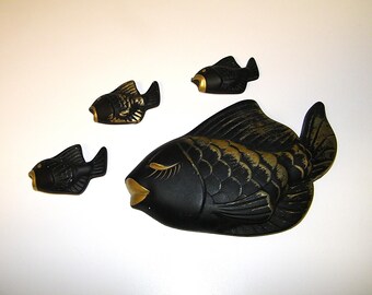 Vintage Chalkware Black Gold Fish Family Retro 1950s 1960s Miller Studio Wall Plaque 50s Mermaid Bathroom Bath Decor Chalk Ware Norcrest