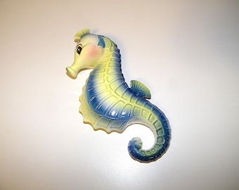 Vintage RARE CNC Yellow Aqua Blue Seahorse 1950s 1960s Mermaid Wall Plaque Retro 50s 60s Bathroom Antique Decor Mermaids Sea Horse Norcrest