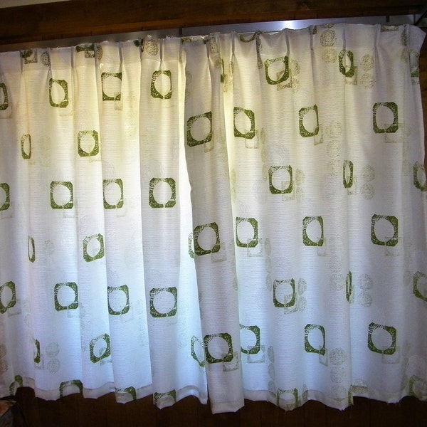 Vintage 60s 70s Mid Century Modern Atomic Pinch Pleat Curtain Curtains 1960s 1970s Drapes Drapery Material Fabric Barkcloth Bark Cloth Retro